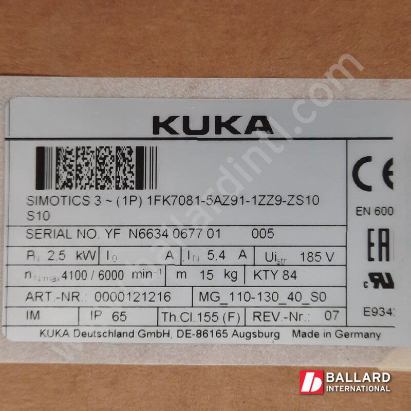 00-121-216 KUKA servo motor for use with KRC4 controllers alternative siemens part number 1FK7081-5AZ91-1ZZ9-ZS10