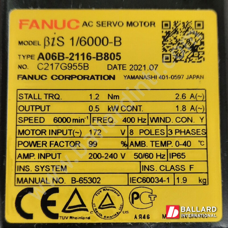 A06b-2116-B805-(2) BiS 1/6000 AC Servo Motor from FANUC with gear box and coupling